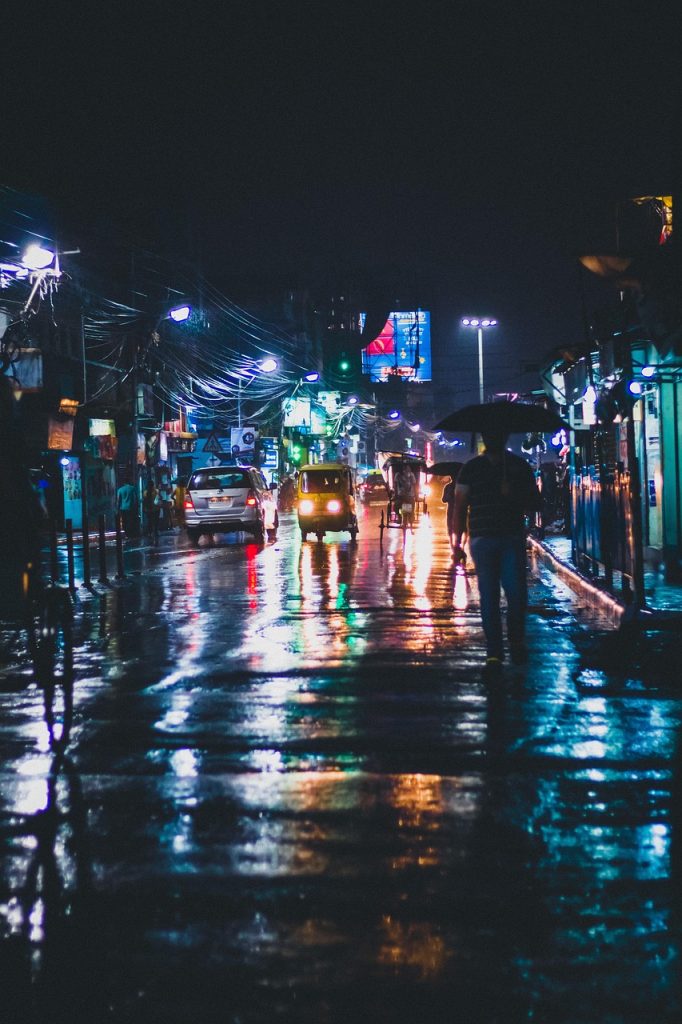 street, rain, traffic, nature, umbrella, street lights, city lights, night photography, raining, street photography, road, black wallpaper, black